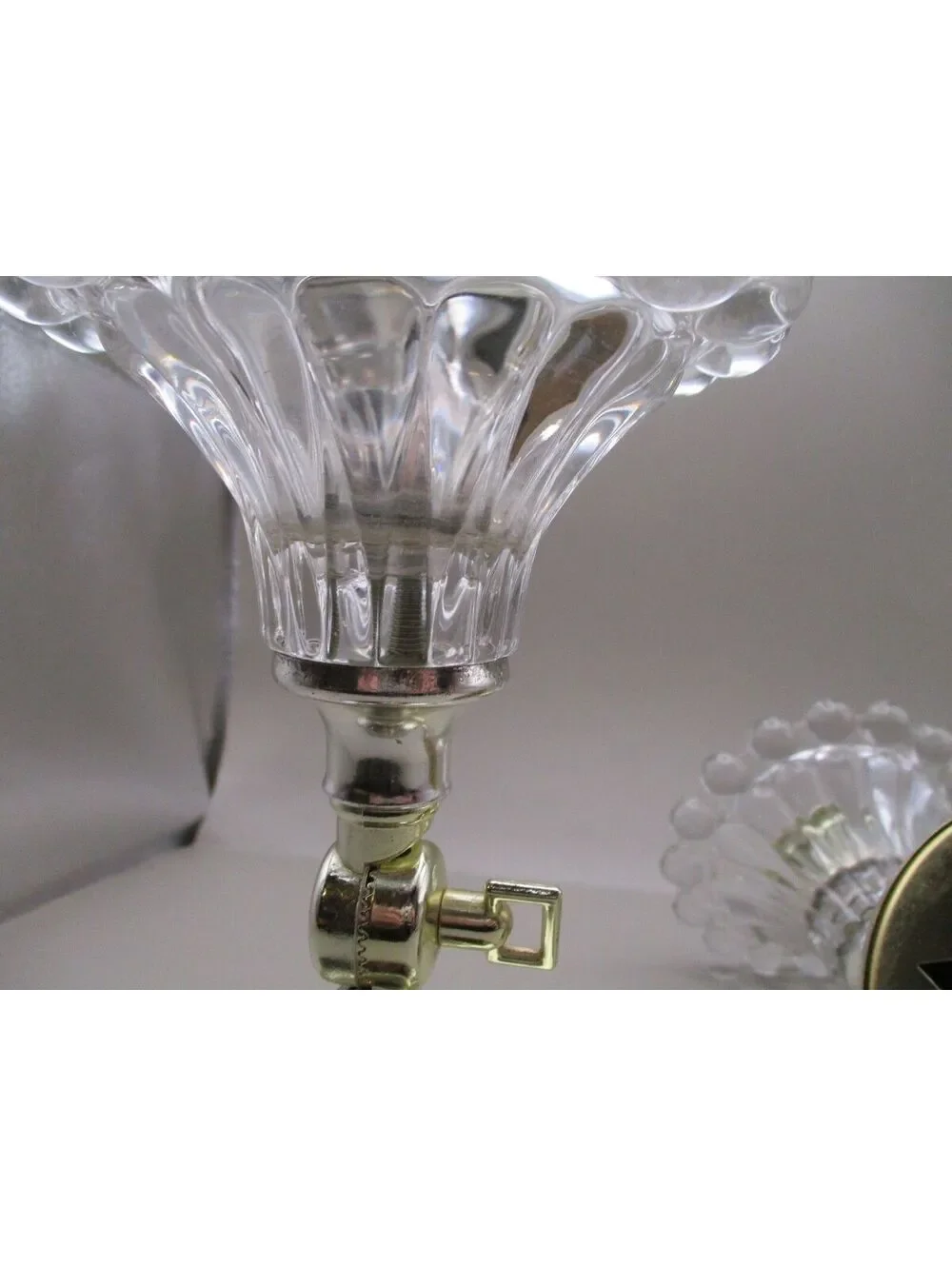 VTG 1950s Pair MCM Clear Glass Fluted Swivel Wall Sconces Brass Backplate Set